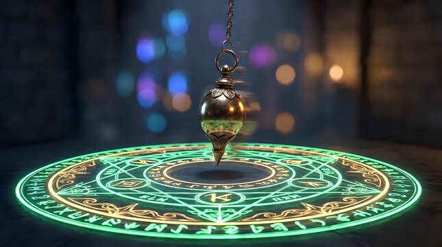 Mystical pendulum swinging over glowing green magic circle with ancient symbols and ornate patterns on dark background with bokeh lights.