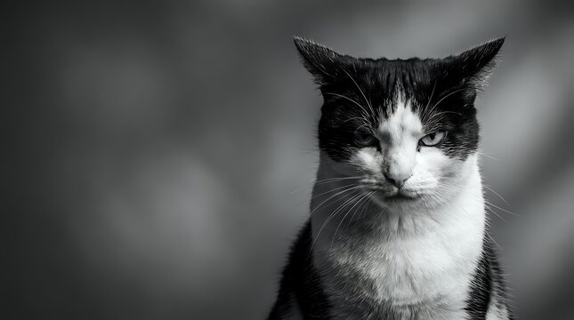 Black and white portrait of domestic cat with white chest markings looking directly at camera against blurred background for pet photography projects.