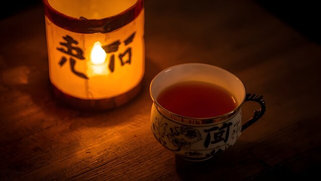 A warm cup of dark tea sits next to a traditional glowing lantern on a rustic wooden table top