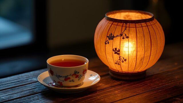 A serene scene featuring a delicate teacup beside a warm glowing traditional paper lantern lamp
