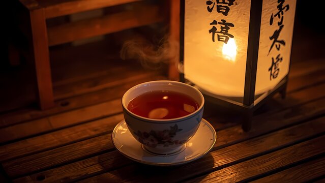 A steaming cup of tea served on a wooden table beside a traditional glowing japanese paper lantern