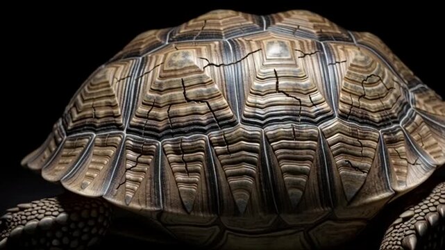 Close-up of a tortoise with textured shell, dark background, slow animal movement