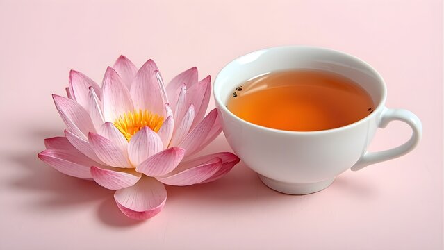 A serene composition featuring a blooming pink lotus flower next to a cup of warm herbal tea