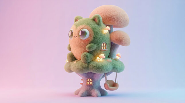 Cute green squirrel character with glowing lights and swing in soft pastel background, 3D render illustration