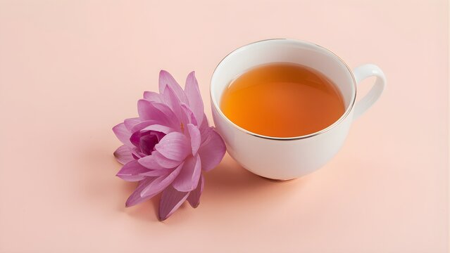A white teacup filled with golden tea placed next to a delicate purple lotus flower on pink background