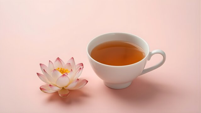 A white porcelain cup filled with herbal tea next to a beautiful pink lotus flower on a surface