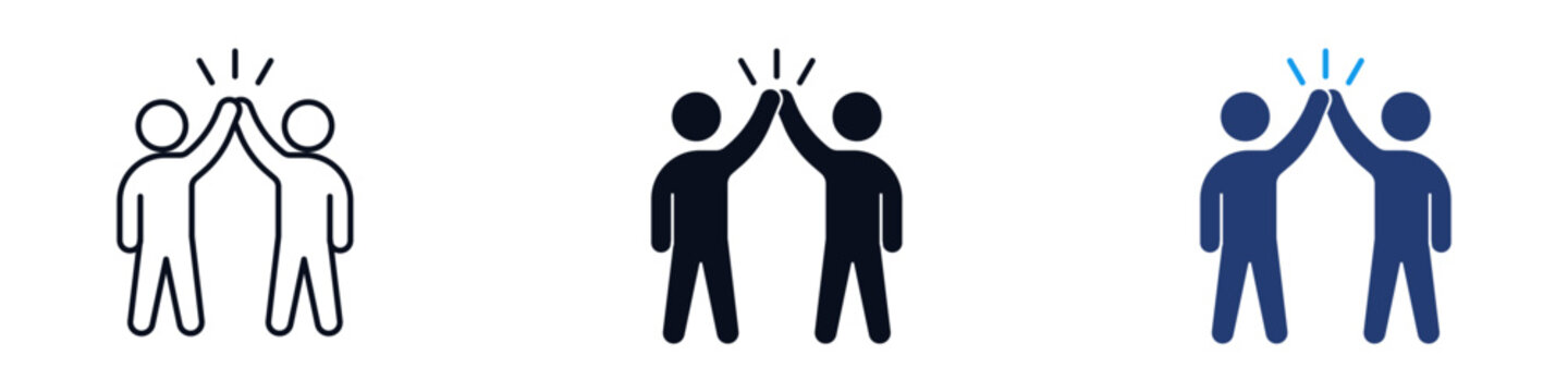 Team celebration icon set showing two people giving a high five , representing teamwork, success, achievement, partnership, and positive workplace collaboration. outline and solid icons