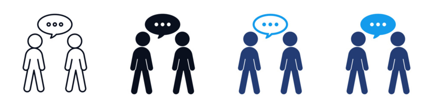 Two people talking icon set featuring two people and speech bubble. representing conversation, dialogue, collaboration, discussion, teamwork, and social interaction. Communication icons in outline