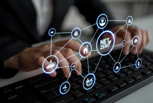 Net zero and sustainability concepts with environmental balance, digital sustainability icons, green energy goals, and eco-conscious digital business transformation for the future. Entice