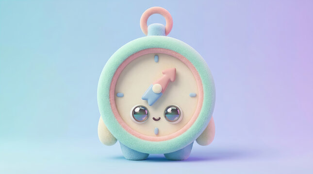 Cute pastel cartoon clock character with big eyes and pink hands stands on soft blue and purple gradient background in 3d render style.