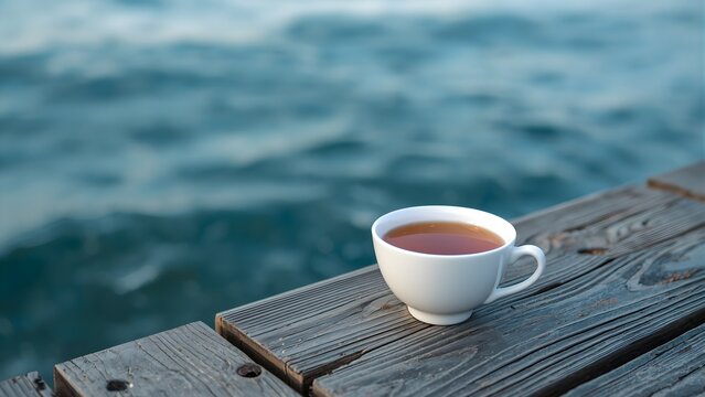 A peaceful white cup of hot tea resting on a weathered wooden pier overlooking the calm blue sea