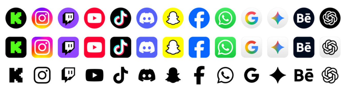 social media icon set or social network logos , Facebook, instagram, youtube, snapchat, tiktok, discord, twitch, kick, behance, logo, vector icon . ai apps: chatgpt, google gemini, logo, icons