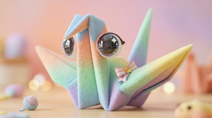 Obraz premium Cute pastel origami crane with large glossy eyes and small bow sits on wooden surface with soft bokeh background