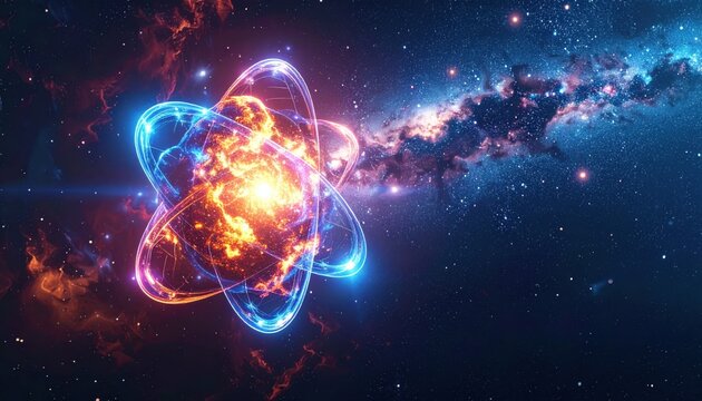 Vibrant quantum atomic structure visualization amidst a cosmic nebula and galaxy
