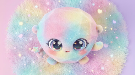 Fototapeta premium Cute pastel rainbow plush toy with large eyes resting on fluffy cloud like background with sparkles and hearts