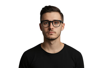 Fototapeta premium Young man with beard and black t-shirt wearing optical glasses, looking at camera on transparent background