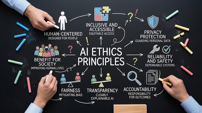 AI ethics principles diagram with human centered design benefit for society fairness transparency accountability privacy protection and reliability displayed on a chalkboard