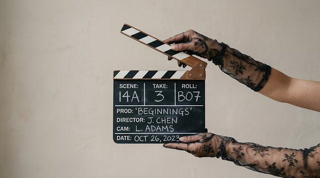 Hands wearing elegant black lace gloves hold open a movie production clapperboard with details Beginnings scene 14A take 3 roll B07 movie clapperboard film production cinema