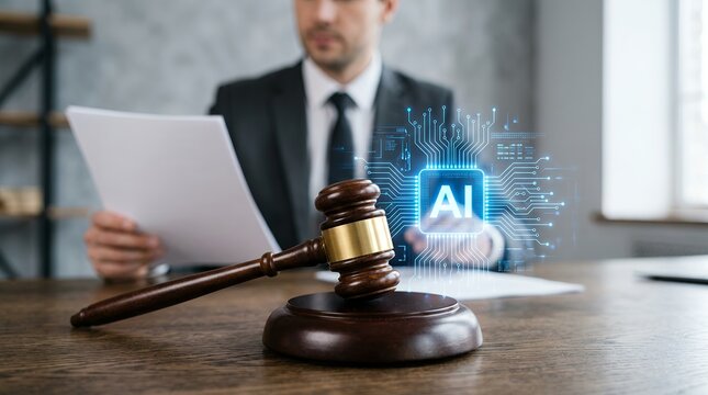 A judge in a suit reviews legal documents with a futuristic AI chip graphic and gavel on a desk representing legal technology advancements artificial intelligence law justice