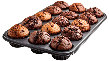 Fototapeta premium Delicious assorted mini chocolate muffins in a baking tray. 