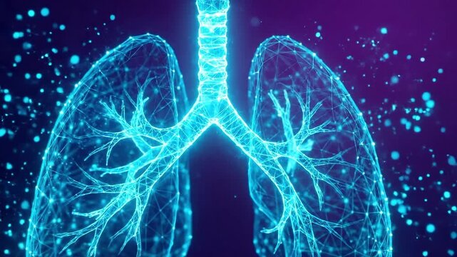 Digital visualization of human lungs with a wireframe network, suitable for medical research, respiratory health education, hospital media, and science.