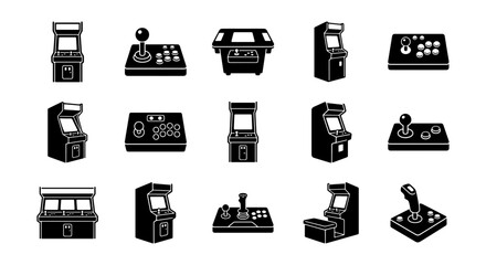 Retro arcade machine icons set, 15 vintage gaming cabinet and joystick vector silhouettes, classic video game console equipment for gaming UI © Farzana