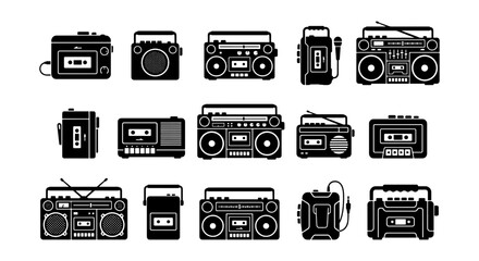 Retro radio and boombox icon set, 15 vintage cassette player vector silhouettes, black and white 80s music equipment collection for graphic design © Farzana