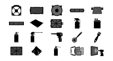 Air filter cleaning icons set, 20 black vector silhouettes of ventilation maintenance tools, HVAC service equipment and industrial purifier cleaning kit © Monir