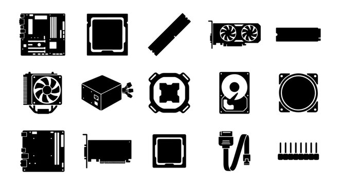 Computer hardware components icon set, 15 black silhouette vector elements, PC assembly parts for motherboard and CPU, electronic technology hardware icons