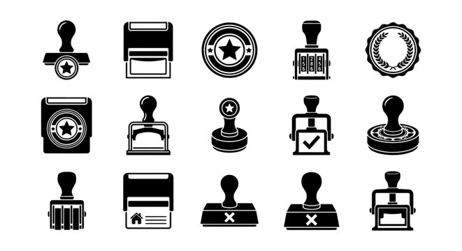 Rubber stamp icon set, professional office stamper collection with 15 vector elements, black ink seal and validation mark symbols for business