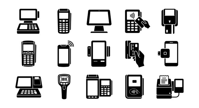 Payment terminal icons set, 15 black vector silhouettes of POS machines and credit card readers, retail checkout and electronic transaction equipment