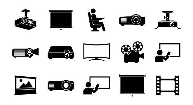 Multimedia projector and cinema icons set, 15 black vector silhouettes of presentation equipment, movie theater and classroom display elements