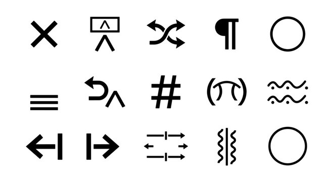 Minimalist proofreading symbols and editing marks icon set, black vector typography correction signs, 15 professional text formatting icons for publishing