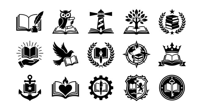Academic book logo set, 15 vintage education icons, black and white library emblems with owl, lighthouse, and laurel wreath symbols for school branding