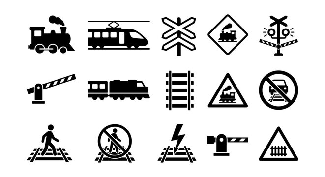 Railway transportation icons set, black train and railroad warning symbols, 15 vector elements for transit safety and logistics design