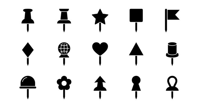 Black map pin icons set, 15 push pin vector symbols, minimalist navigation markers and location pointers for interface design and cartography