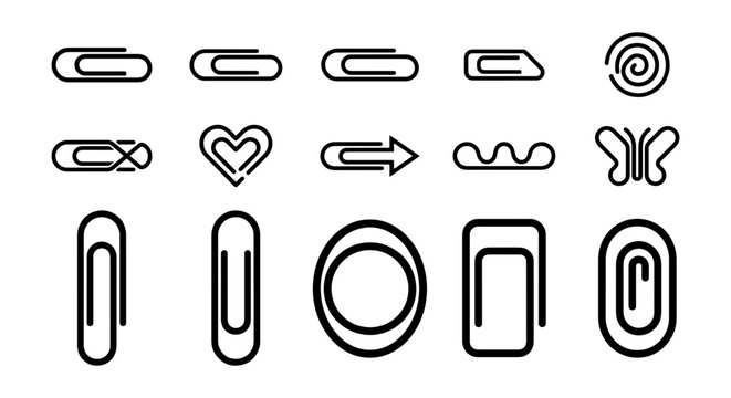 Minimalist paper clip icon set, 15 black outline stationery vectors, decorative metal binder clips in heart and butterfly shapes for office supply branding