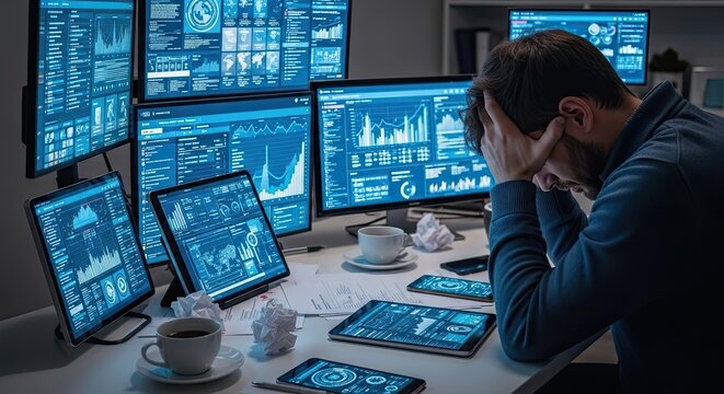 man sitting at desk with multiple computer monitors and devices feeling stressed or overwhelmed in a