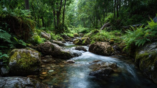 Serene Forest Stream Flowing Through Mossy Rocks