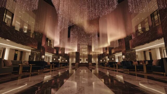 Symmetrical low-angle tracking shot of iridescent violet and teal fiber optic light installation in atrium