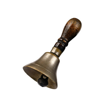Old antique hand bell with wooden handle isolated cutout on transparent background. Vintage brass bell with visible clapper, ideal for design, mockup, and compositing use