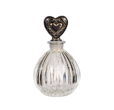 Vintage perfume bottle with ornate silver heart shaped stopper isolated on transparent background. Decorative glass container ideal for design, mockup, and compositing use