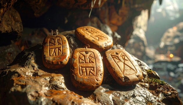 Ancient weathered clay tokens engraved with runic symbols resting on rough stone, a tangible piece of history.