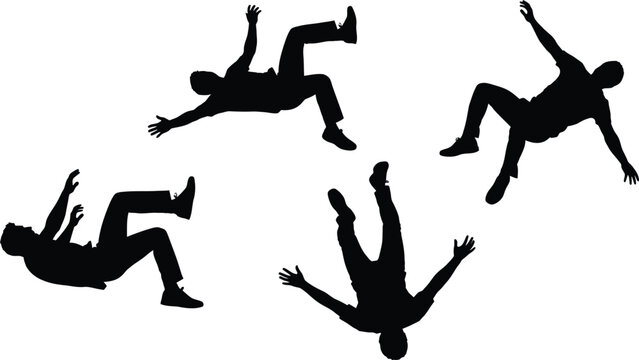 Four black silhouettes of men falling in different positions on a white background