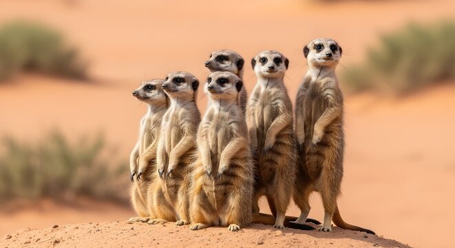 A group of meerkats standing upright and alert in a desert environment.