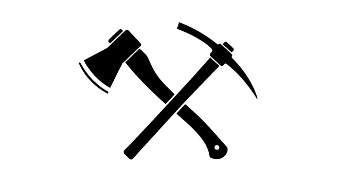 Vector illustration of crossed axe and pickaxe icon, symbol of mining and forestry tools on a transparent background