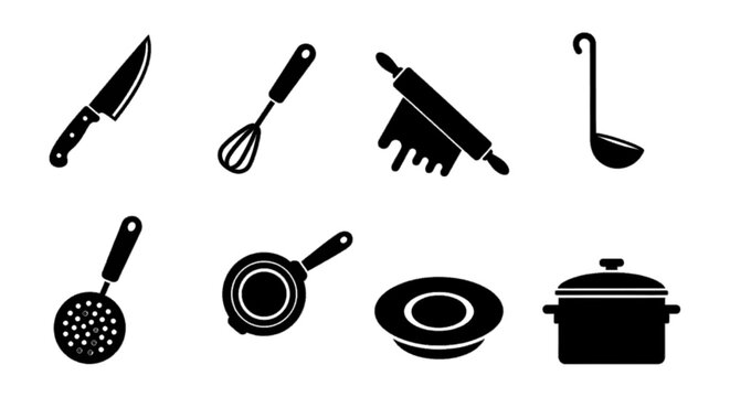 Vector illustration of set of kitchen utensils and cooking tools icons on a transparent background