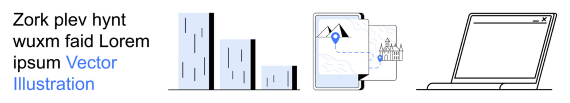 Data analysis, navigation, digital tools, urban planning, technology integration, remote work. Bar chart, map on digital screen laptop outline. Data analysis and map navigation concepts
