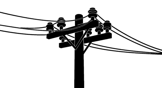 Vector illustration of silhouette of a utility pole with power lines on a transparent background