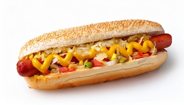 brazil hot dog completo overloaded hot dog with mustard veggies and cheese on sesame bun isolated on white background